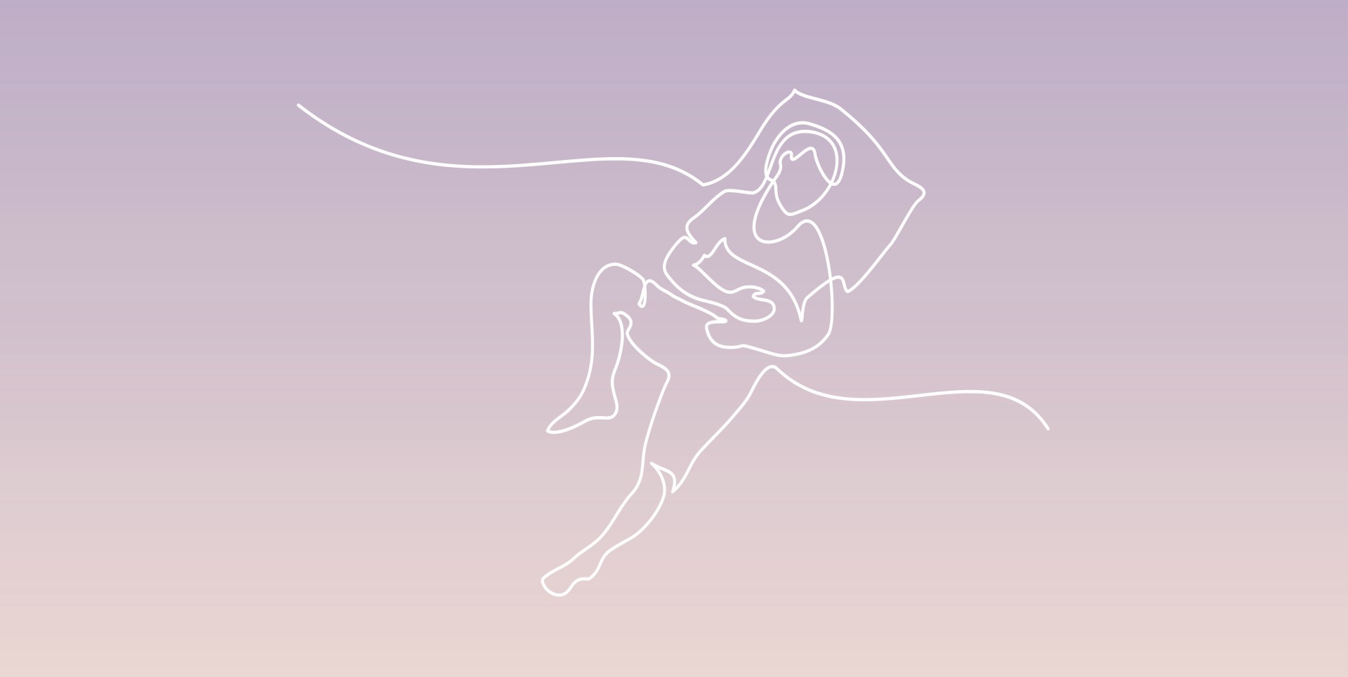 Dibujo lineal minimalista de una persona dormida y relajada envuelta cómodamente en telas de cama sobre un fondo morado claro.