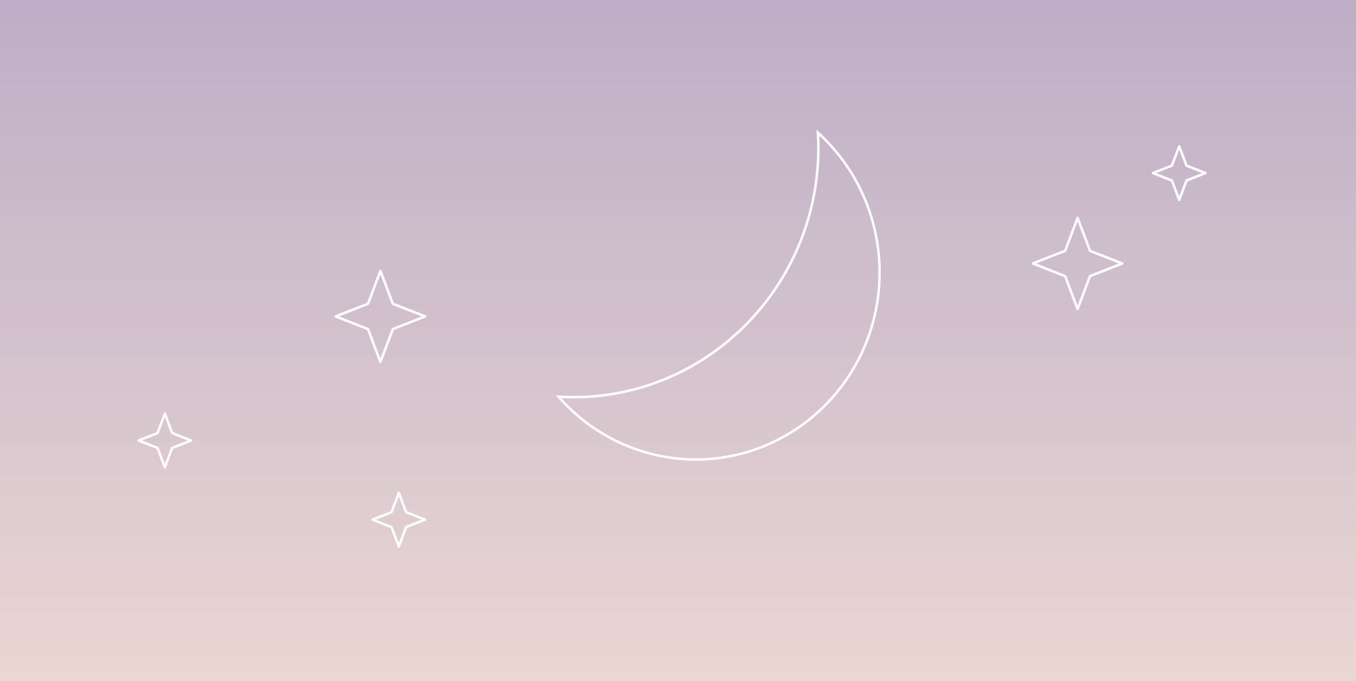 Dibujo lineal minimalista de una luna creciente y estrellas sobre un suave fondo morado, que simboliza un sueño nocturno acogedor.