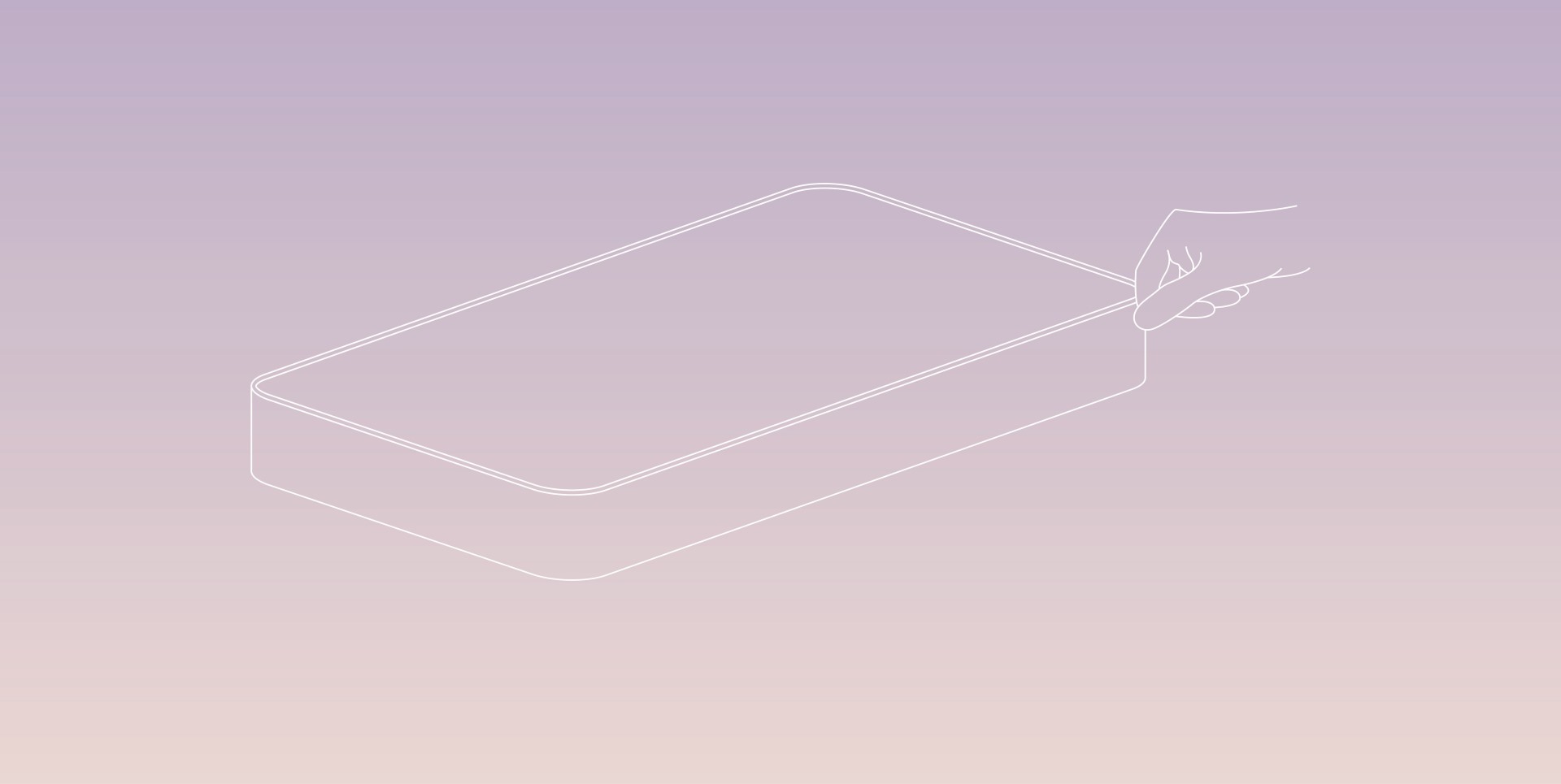 minimalistic line drawing of a hand easily changing the mattress cover on a soft purple background