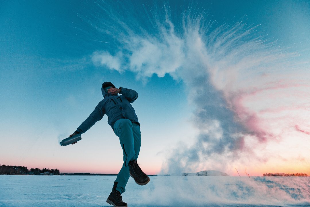 boiling water turning into snow providing a sense long-lasting coolness 