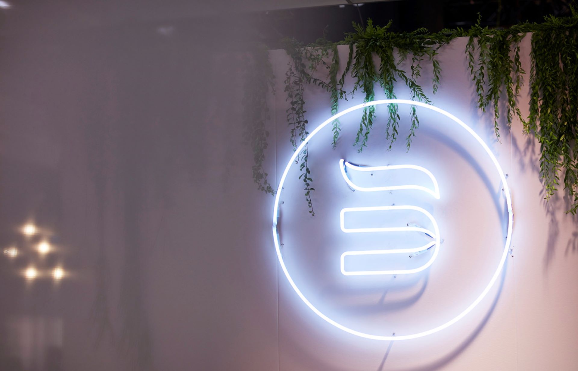Close-up of BekaertDeslee neon logo on a wall with greenery.