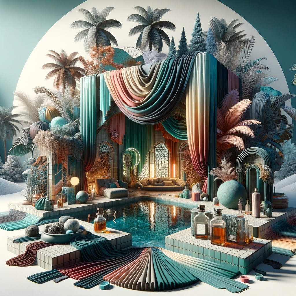 Luxurious scene with a turquoise pool, draped multicolored fabrics, and lush, oversized plants in a fantasy-like setting.