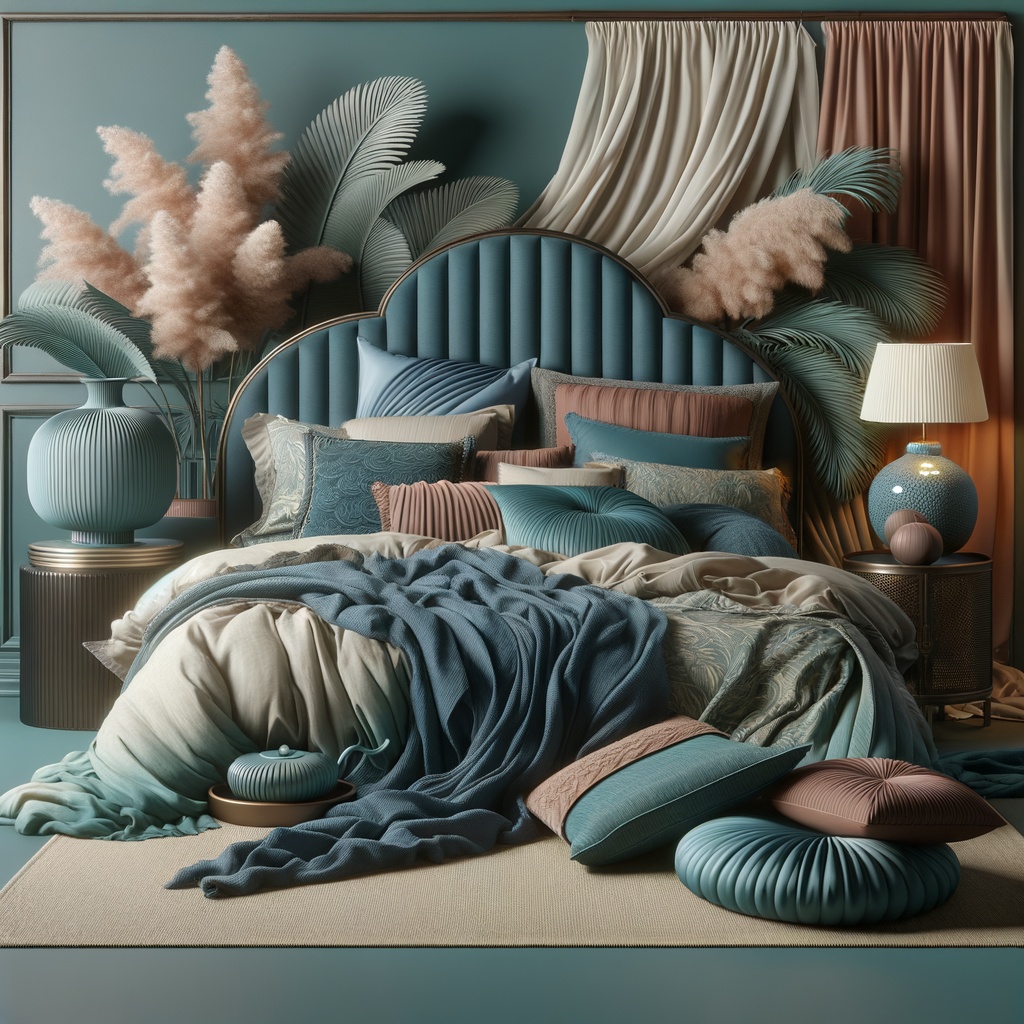 Luxurious bedroom with rich petrol and soft rose fabrics, featuring a tufted headboard, layered pillows, and draped blankets.
