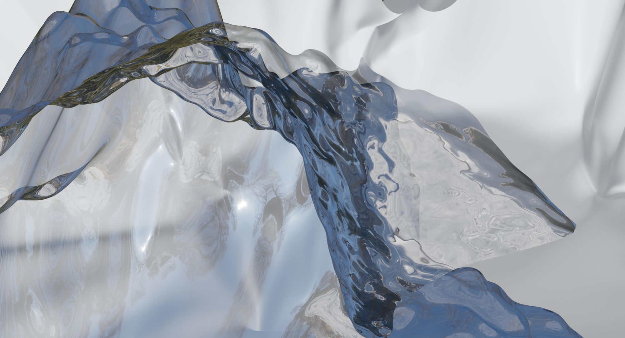 Abstract blue fluid shapes and reflective surfaces creating dynamic cooling visual effect.